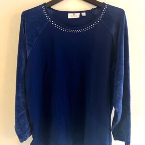 Quacker Factory Women’s Sz 2X Blue Embellished Beaded Top Long Velour Sleeve